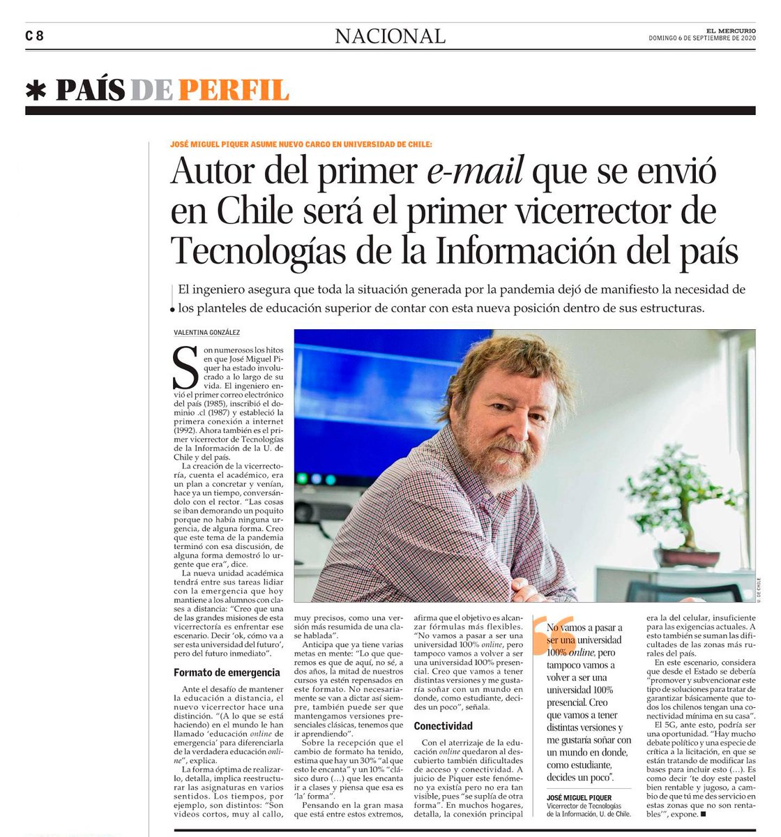 uchile's tweet photo. [UCHILE en la Prensa] Autor del primer email enviado en Chile será primer vicerrector de Tecnologías de la Información del país: José Miguel Piquer asume este cargo en el @VTI_Uchile, y explica la relevancia de esta área en pandemia en @ElMercurio_cl https://t.co/mphEFaa7An https://t.co/4IGI3ZVU7O