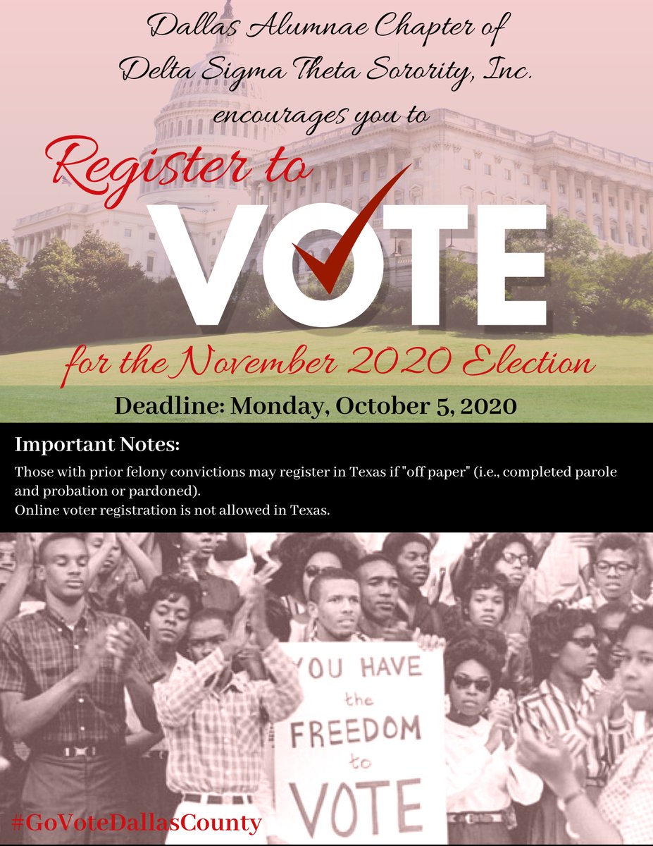 DST_DA's tweet image. Have you registered to vote for the 2020 Presidential Election? 

To print and mail your application from your home, go to 
dallascountyvotes.org/%E2%80%A6/Dall….

To submit name or address changes, go to txapps.texas.gov/tolapp/sos/SOS…. #GoVoteDallasCounty