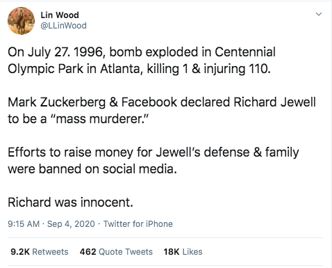 Fact check:- Mark Zuckerberg was 12 years old on July 27, 1996.- Richard Jewell was cleared on 10/2/96. https://en.wikipedia.org/wiki/Richard_Jewell#Exoneration- There was no Facebook-like social media in 1996. https://en.wikipedia.org/wiki/Timeline_of_social_media- Facebook was launched on 2/4/04. https://en.wikipedia.org/wiki/Mark_Zuckerberg#Facebook↓