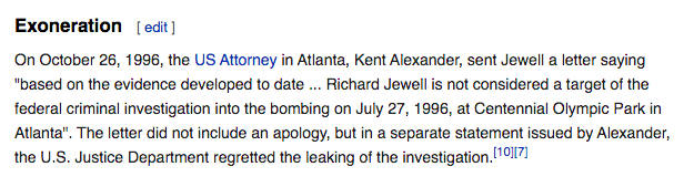 Fact check:- Mark Zuckerberg was 12 years old on July 27, 1996.- Richard Jewell was cleared on 10/2/96. https://en.wikipedia.org/wiki/Richard_Jewell#Exoneration- There was no Facebook-like social media in 1996. https://en.wikipedia.org/wiki/Timeline_of_social_media- Facebook was launched on 2/4/04. https://en.wikipedia.org/wiki/Mark_Zuckerberg#Facebook↓