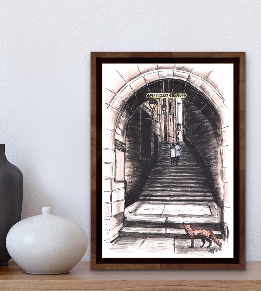 EdinburghFoxInk's tweet photo. Excited to share this item from my #etsy shop: Fleshmarket Close. A couple stroll up the steps whilst a wee fox watches on. #Edinburgh, #Scottish, #EdinburghClose #Illustration, #Fox, #Travel, #Scotland, #Artprint, #homedecor https://t.co/tSpCwh7eBG https://t.co/abfHow8iYV