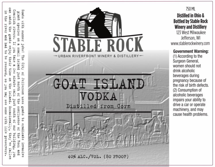 Goat Island Vodka  | organic corn retains more of its natural sweetness because it hasn’t been hit with chemicals or genetically modified. our Vodka starts off a bit sweeter than most Vodkas and has a subtle flavor with a clean finish. Nose of vanilla, taste of subtle sweetness!