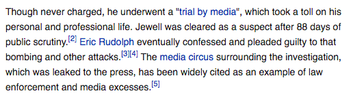 - Jewell was cleared before he could ever be charged. There was no court case. There was no criminal “defense”. https://en.wikipedia.org/wiki/Richard_Jewell ↓