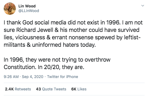 - Lin Wood knows that social media did not exist in 1996.  https://archive.vn/gCuss - Wood was Jewell’s attorney from 1996 until past his death (from natural causes) in 2007. https://archive.vn/glbjl  https://en.wikipedia.org/wiki/Richard_Jewell#Death#1 in above tweet:  https://archive.vn/hE9s9 ↓