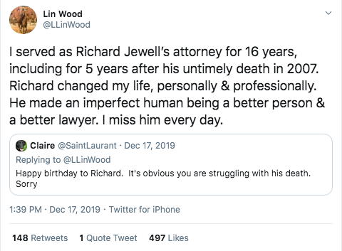 - Lin Wood knows that social media did not exist in 1996.  https://archive.vn/gCuss - Wood was Jewell’s attorney from 1996 until past his death (from natural causes) in 2007. https://archive.vn/glbjl  https://en.wikipedia.org/wiki/Richard_Jewell#Death#1 in above tweet:  https://archive.vn/hE9s9 ↓