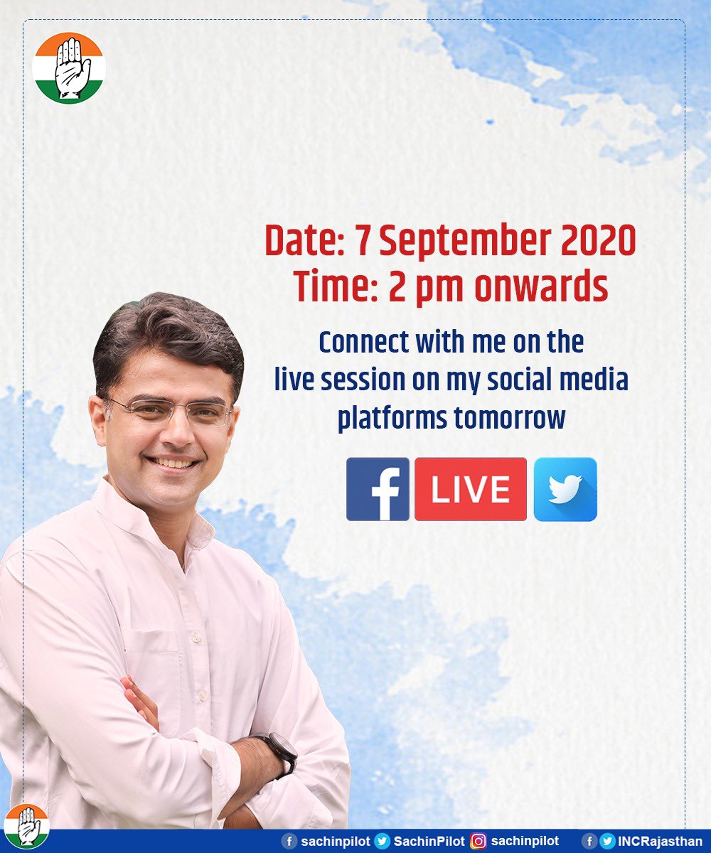 SachinPilot's tweet photo. I will be live on my social media platforms tomorrow at 2pm 

कल दिनांक 7 सितंबर को सोशल मीडिया प्लेटफॉर्म के माध्यम से आप लोगों के बीच 2pm पर उपस्थित रहूँगा। https://t.co/Kug6ulqvpQ