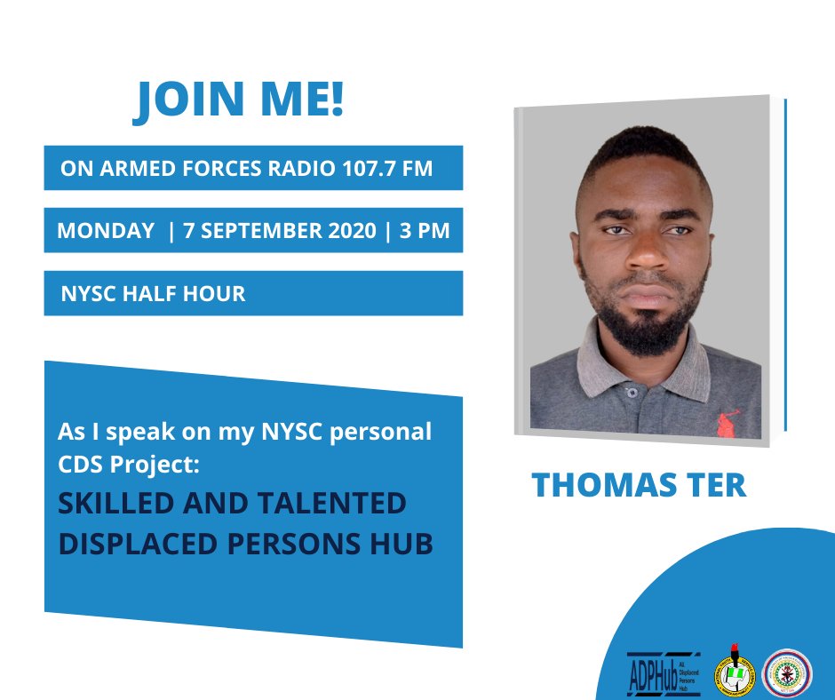 vincent_ter's tweet photo. JOIN ME tomorrow by 3pm🕒 on NYSC Half Hour, I shall be sharing my Personal NYSC CDS project on radio📻.
The station is Armed Forces Radio📻 | 107.7 FM
@nysc_ng @nyscfctsdg @adphub @Refugees @officialNEDC
#IDPs #IDPGotSkills #DPHub #BBNaijaLockdown #bbnaijalockdown2020 https://t.co/Mw7SBNnHsM