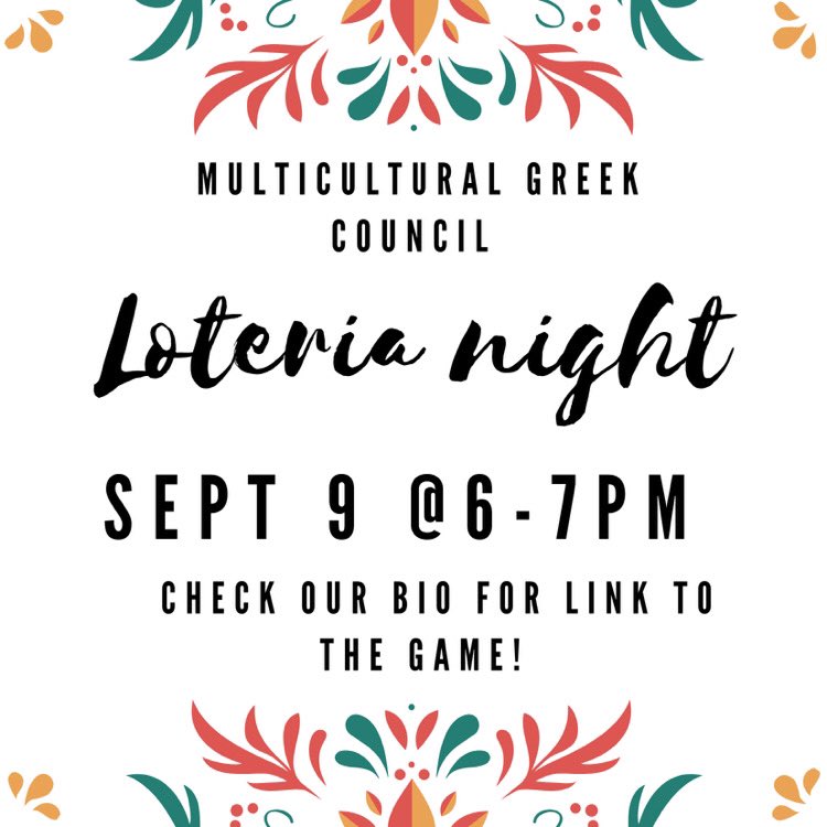 Hey guys!! Come join us on Wednesday at 6pm for a fun game of Loteria 🎊. This would be a great way to get your mind off of your homework and win some cool prizes, while not having to leave your room. Hope to see you there 😊! Link in bio