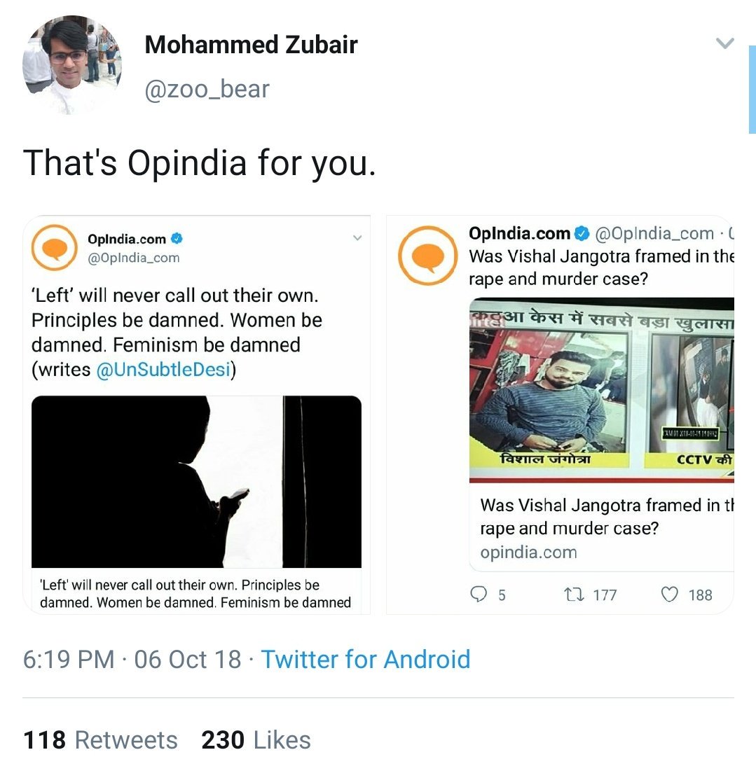 Rasode ka Factchecker  @zoo_bear attacked Opindia when it said that Vishal Jagnotra is being framed in Kathua Case.Did many tweets accusing Vishal.Court acquitted Vishal, he was wrongly framed.But  @factchecknet calls Opindia Biased, and Alt News is Fact Checker for them.
