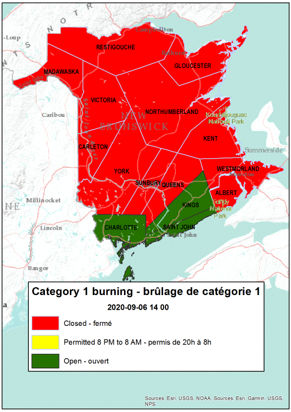 NBForestFires's tweet photo. Burning conditions are valid from 2 PM September 6th to 2 PM September 7th.

The following counties are open for burning: Charlotte, Kings, Saint John

All other counties are closed for burning https://t.co/zGH68zO2dC