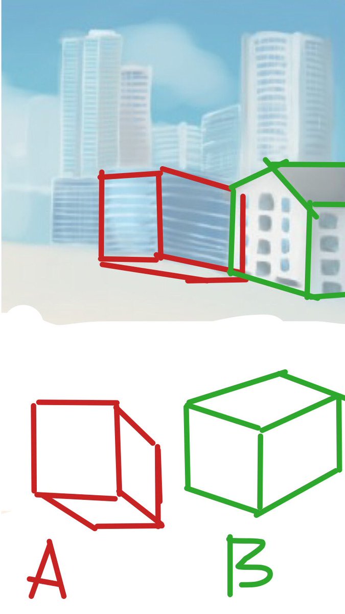 @iyomaimai 手前の建物二つですが、
A.見上げる構図
B.見下ろす構図
が同じ高さに描かれているので少し違和感があるかも知れません。
カメラ(目)が地上にあるのか高いところにあるのか、そして対象物がそれより高いのか低いのかを意識すると説得力が出ると思います 