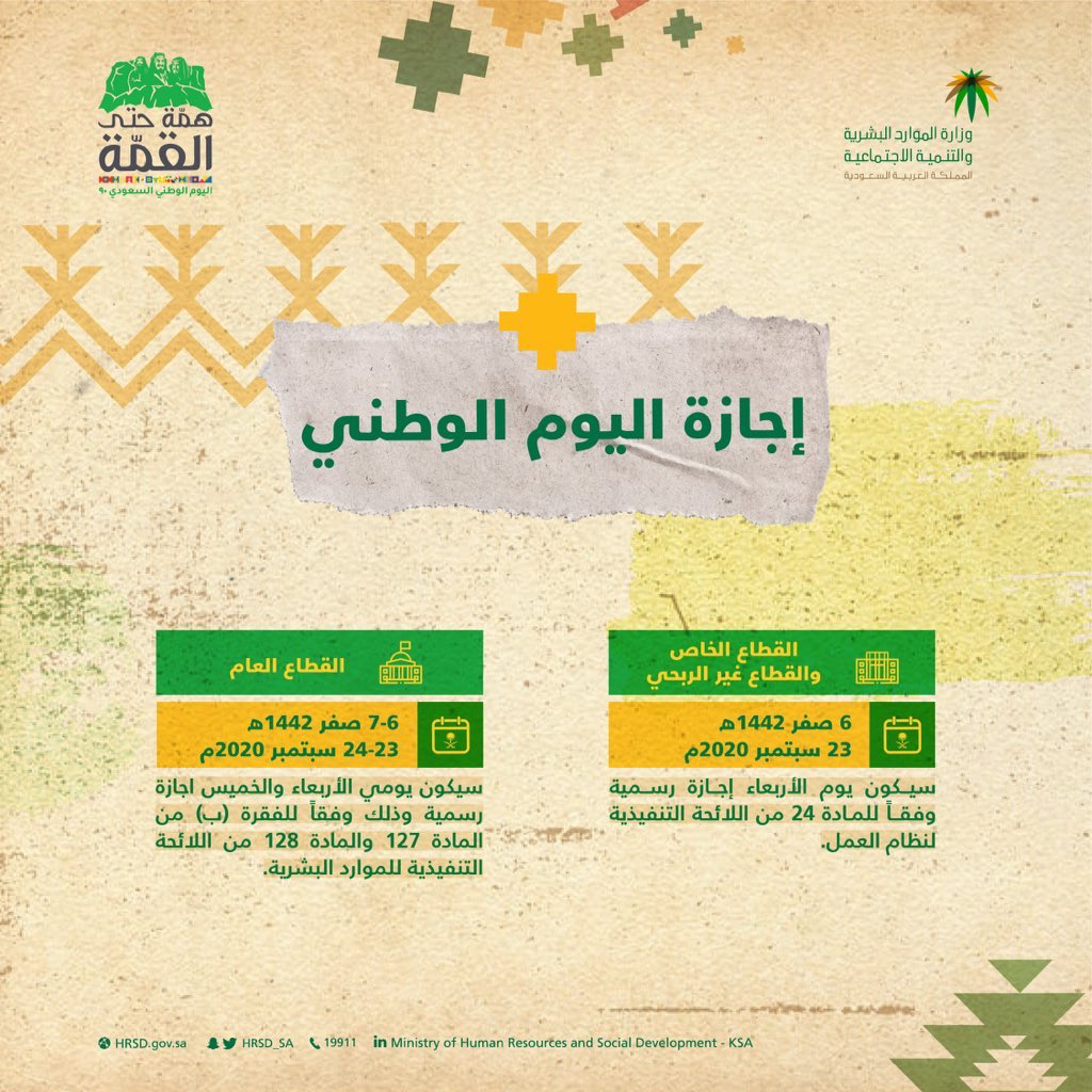 ENAD_Alotaibi's tweet photo. رسميا ..إجازة #اليوم_الوطني لهذا العام:

📌القطاع العام: 
6 و 7 صفر الموافق 23 و 24 سبتمبر

📌القطاع الخاص:
 6 صفر الموافق 23 سبتمبر https://t.co/oTHt5WvBvK
