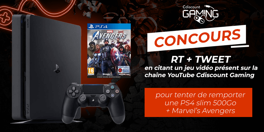 Cdiscount's tweet photo. 🎁 CONCOURS 🎁
🔥 Tu peux encore remporter une PS4 Slim 500Go + le jeu Marvel's Avengers !

✔️ Abonne toi à la chaîne YouTube #CdiscountGaming et RT + TWEET en citant un jeu vidéo présent sur la chaîne 🎮

👉 https://t.co/omz8WFpSJU 👈

TAS le 09/09 https://t.co/2iC8CeHlBm