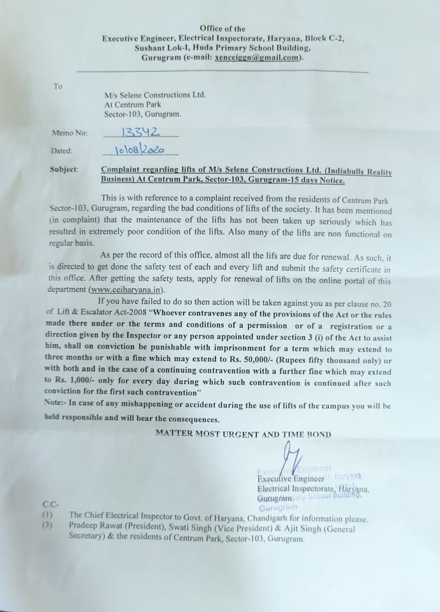 anilksoni's tweet photo. @IBCentrumPark @gurgaonpolice @indiabullsrel @cmohry @DC_Gurugram @Dist_Admin_Ggm @ManjuPunia @police_haryana @AmitKhatriIAS @CentrumParkRWA @rakeshdaultabad See attached notice by Authorities to maintenance agency but not action and incident happened again. Strict action is required against agency and lift OEM. A life saved but cure is still required. Please help us https://t.co/L3lLk0R5ow