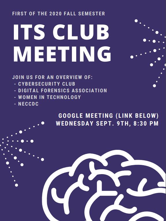 This Wednesday night is a virtual joint meeting between all ITS clubs, where you're invited to hear an overview of what they have to offer &amp; meet some officers! 

We're kicking off at 8:30PM, looking forward to seeing new and returning members there for this fall semester!