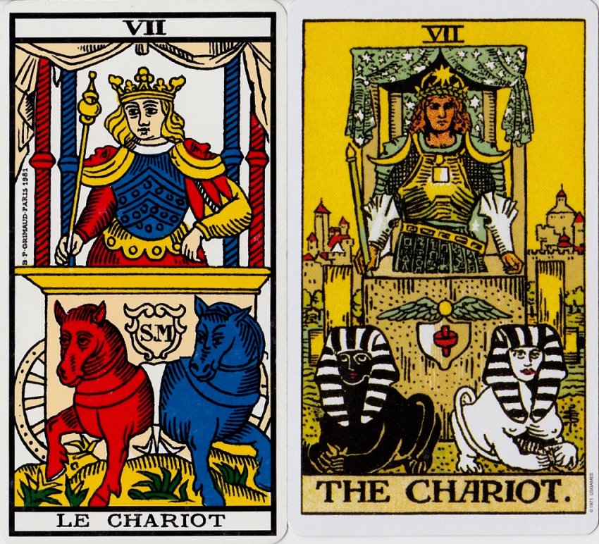 VII. LE CHARIOTLe jeune Bateleur devient prince! Autonome, il part à l'aventure, désirant conquête et victoire, debout sur le chariot. Les 2 créatures/chevaux tirant son chariot sont noir&blanc pour exprimer la dualité des choses qu'il croisera sur sa route: positif ET négatif.