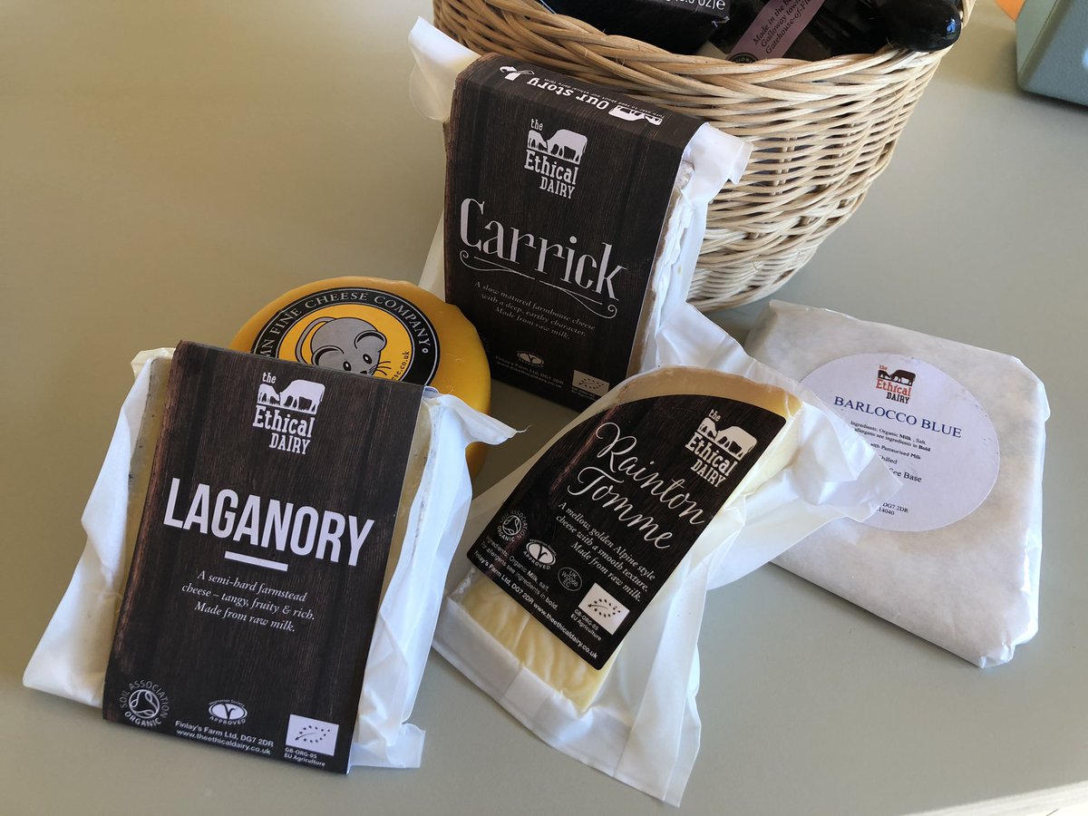 Cheese hamper for guests, almost all sourced within 8 miles of the Studio &amp; D&amp;G. Galloway honey oatcakes, local cheese, poachers pickle #ScotFoodFort20 <a href="/GallowayLodge/">Galloway Lodge</a> <a href="/theethicaldairy/">The Ethical Dairy</a> <a href="/damnfinecheese/">Martha the Mouse 🐭</a>