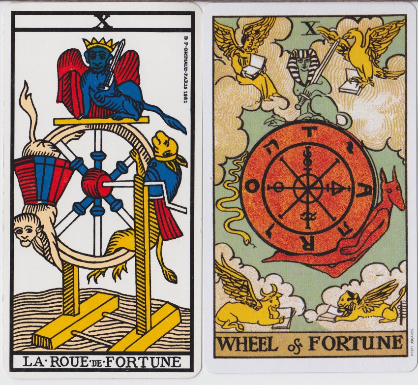 X. ROUE DE FORTUNEUne créature monte la Roue de la Fortune, une descend; une est au + haut, l'autre au + bas. La roue de la fortune représente les aléas de la vie, la loi des cycles. Cette roue, dans le ciel/entourée de symboles divins, se montre en dehors de notre contrôle.