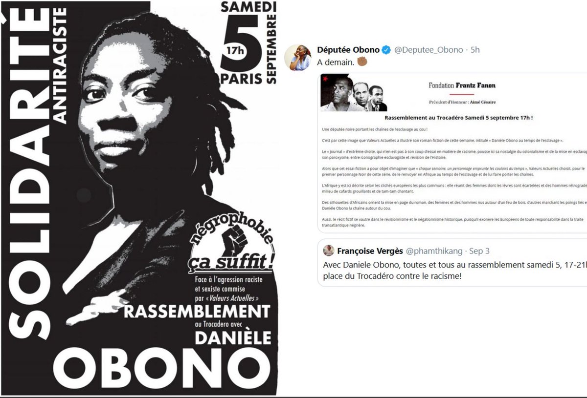  Retour sur le rassemblement de soutien à Daniele  #Obono du 5 septembre à  #Paris, suite à l’article de  #ValeursActuelles.  Ou comment  #LFI a franchi un nouveau pas vers l’indigénisme racialiste et le combat anti-républicain.  #Thread 