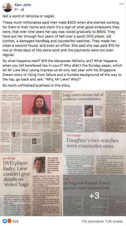 Former deputy editor of Straits Times Alan John questioned if MOM will act. He also asked why the Sunday Times had not gotten a statement from the Liews after publishing a positive story about father Liew just last week. [Thanks to  @ikanselarkuning for highlighting this.]