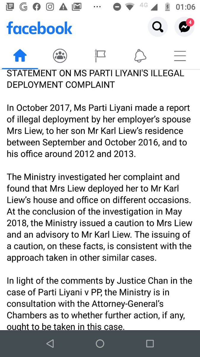 The Ministry of Manpower (MOM) states that in October 2017 Yani reported to them that she was illegely deployed. MOM conducted an investigation (unsure when it started). It concluded in May 2018. MOM issued a caution to father Liew and an advisory to Karl Liew.