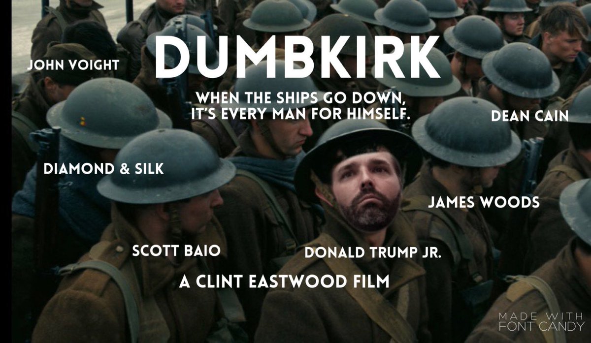 BleedingMarine's tweet photo. I thought James Woods was trending for his upcoming movie #Dumbkirk but he’s just on a Twitter blocking spree. 

He blocked me long ago but you should retweet this movie poster so he sees it. It’s the feel good MAGA movie of the year! https://t.co/CnmLL6Ykzt