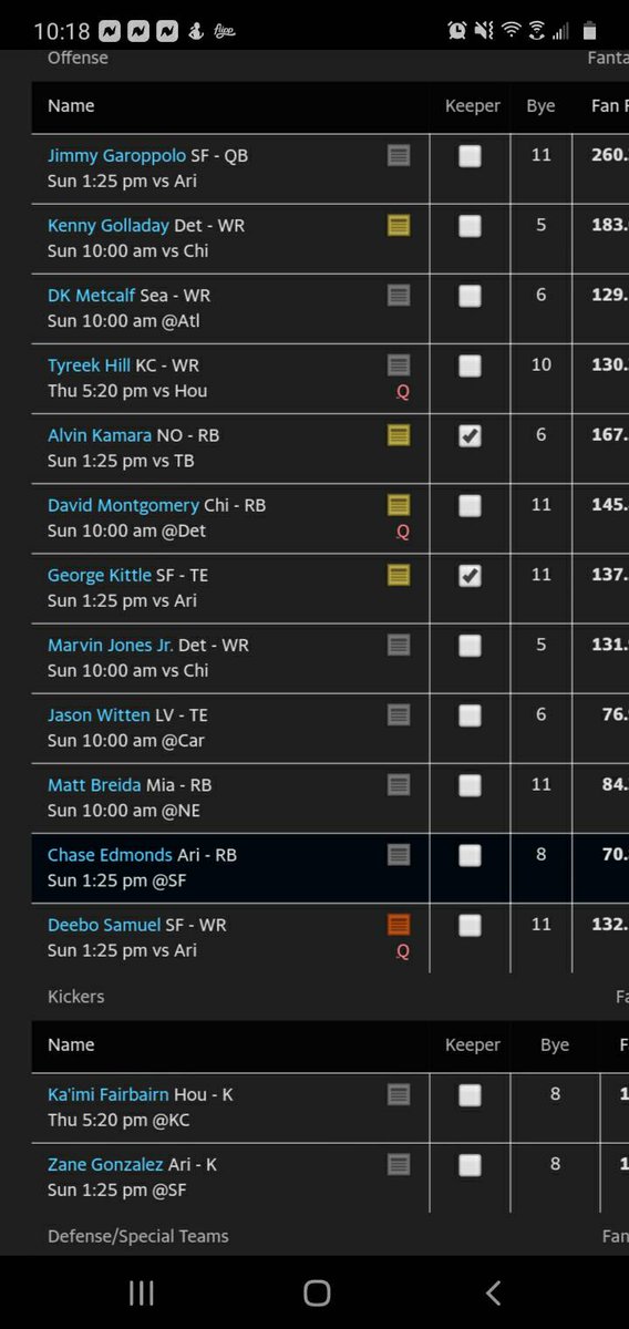imms0fat's tweet photo. @FntsyHeadliners Im in a 8 person keeper league if i don't use my keepers I have first pick if I keep them I pick 1st in the 3rd  thinking kamara and kittle any input is appreciated https://t.co/Eh0E97HiJB