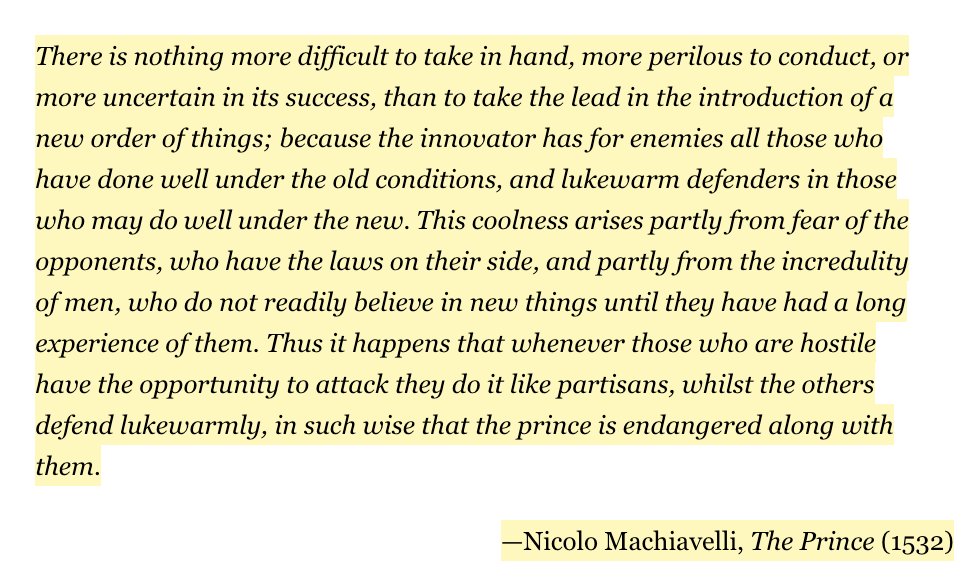 6/ Hall introduces the concept of the "Machiavelli Effect."It's effectively the known phenomenon of entrenched interests - ties it into Kuhnsian paradigm shifts, and argues that the effect has become much stronger over time.