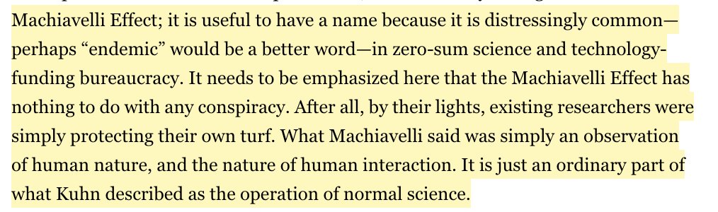 6/ Hall introduces the concept of the "Machiavelli Effect."It's effectively the known phenomenon of entrenched interests - ties it into Kuhnsian paradigm shifts, and argues that the effect has become much stronger over time.
