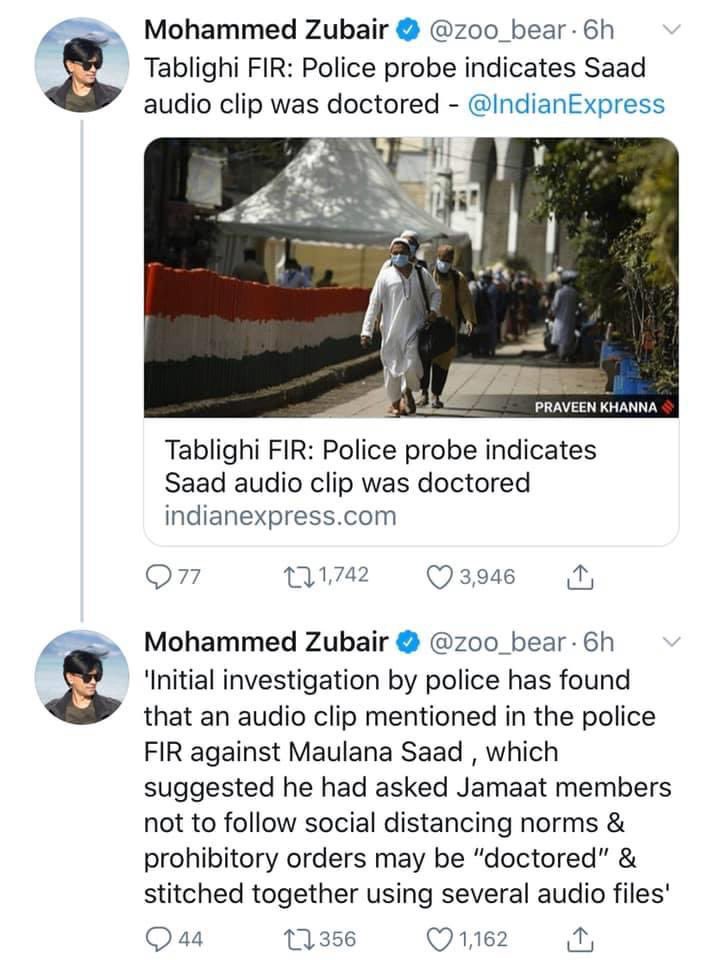 Rasode ka Factchecker  @zoo_bear defended Tablighi Jamaat's Maulana Saad saying his audio was doctored.Delhi Police called it Fake NewsAnd idiots at  @factchecknet certifies Alt News as Fact Checker.