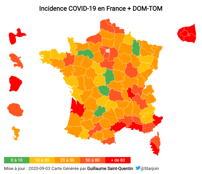 starjoin's tweet photo. Carte de l'Incidence #Covid_19  (nombre de nouveaux cas versus la population) moyenne lissée sur 7 jours.

Taux moyen (avec DOM) : 62,26 ⬇️ J-1 (62,63)
Taux moyen (hors DOM) : 61,40 ⬇️ J-1 (61,74) 

⚠️ Source SIDEP (décalé à J-3). Dernier chiffre du jeudi 3 août. https://t.co/BUMCt0qoCt
