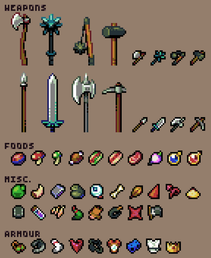 King_Worrell's tweet photo. ALL the items done for the #lowresjam submission I made with other members over at @lozpekistan.
Ñ #pixelart #ドット絵 #gamedev Ñ https://t.co/CBn7lIDkAg
