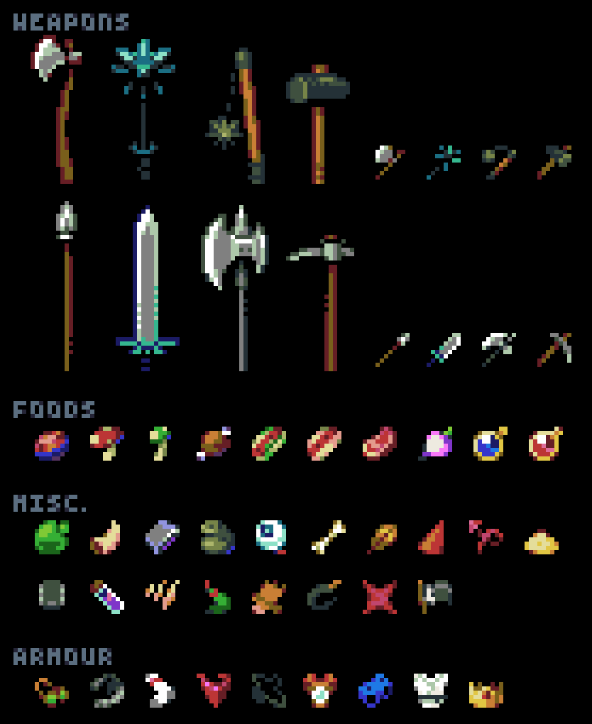 King_Worrell's tweet photo. ALL the items done for the #lowresjam submission I made with other members over at @lozpekistan.
Ñ #pixelart #ドット絵 #gamedev Ñ https://t.co/CBn7lIDkAg