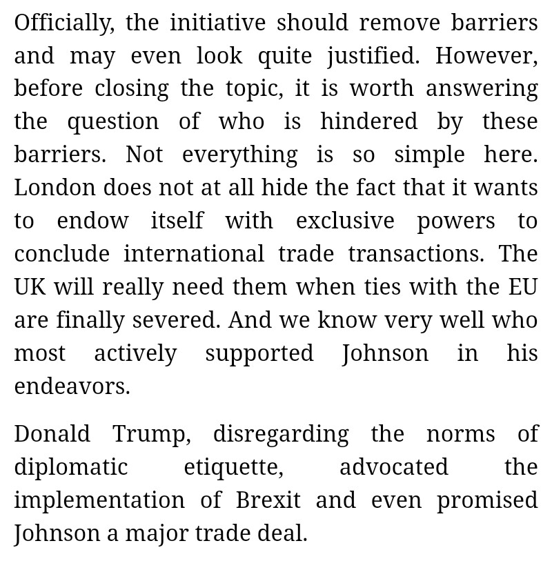 ...and  #BorisJohnson found each other. The President of the  #UnitedStates needs a sales market, and the  #British Prime Minister needs a showy trade deal.""All  #Britain’s gains are  #American products, whose quality standards are much lower than local ones.   #London’s plans...