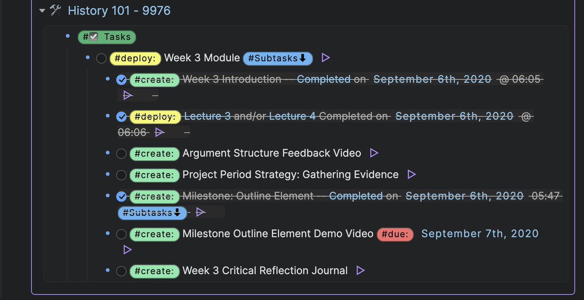 Completion workflow adds some elements. Tasks are completed as [[DONE]] but adds completed date and time (please someone with JS experience help me automate the input of this). Useful strikethrough and deemphasis added through css and [[roam/js]].