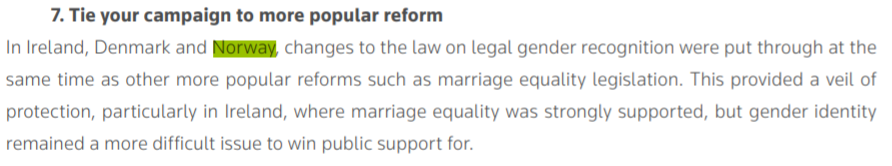 5. Another reason for Norway's promin. role in the manual is the strategies that were used to lobby through the self identity law  #selvIDlov. One was to veil the law prop. behind more popular reforms. Few knew about self identity, fewer supported it. Same sex marriage, however: