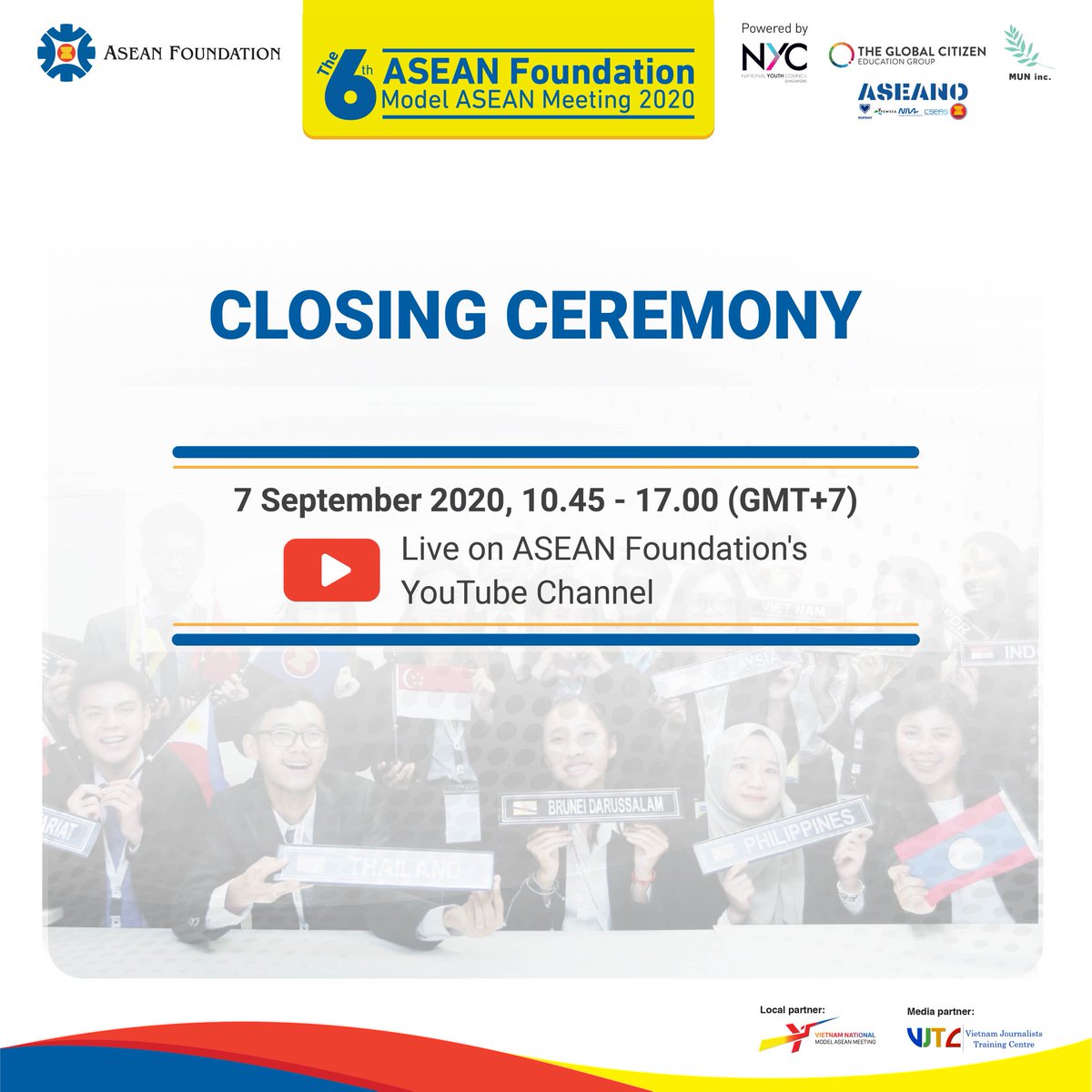 aseanfoundation's tweet photo. Get ready y'all! #AFMAM2020 will be hosting its Closing Ceremony tomorrow!
We will start the day with simulations of ASEAN high-level meetings, followed by the winners' announcement!
Watch us LIVE on our Youtube Channel: https://t.co/UWVhuYqNbq
See you tomorrow!
#WeAreASEAN https://t.co/ibsPlOYQ0r
