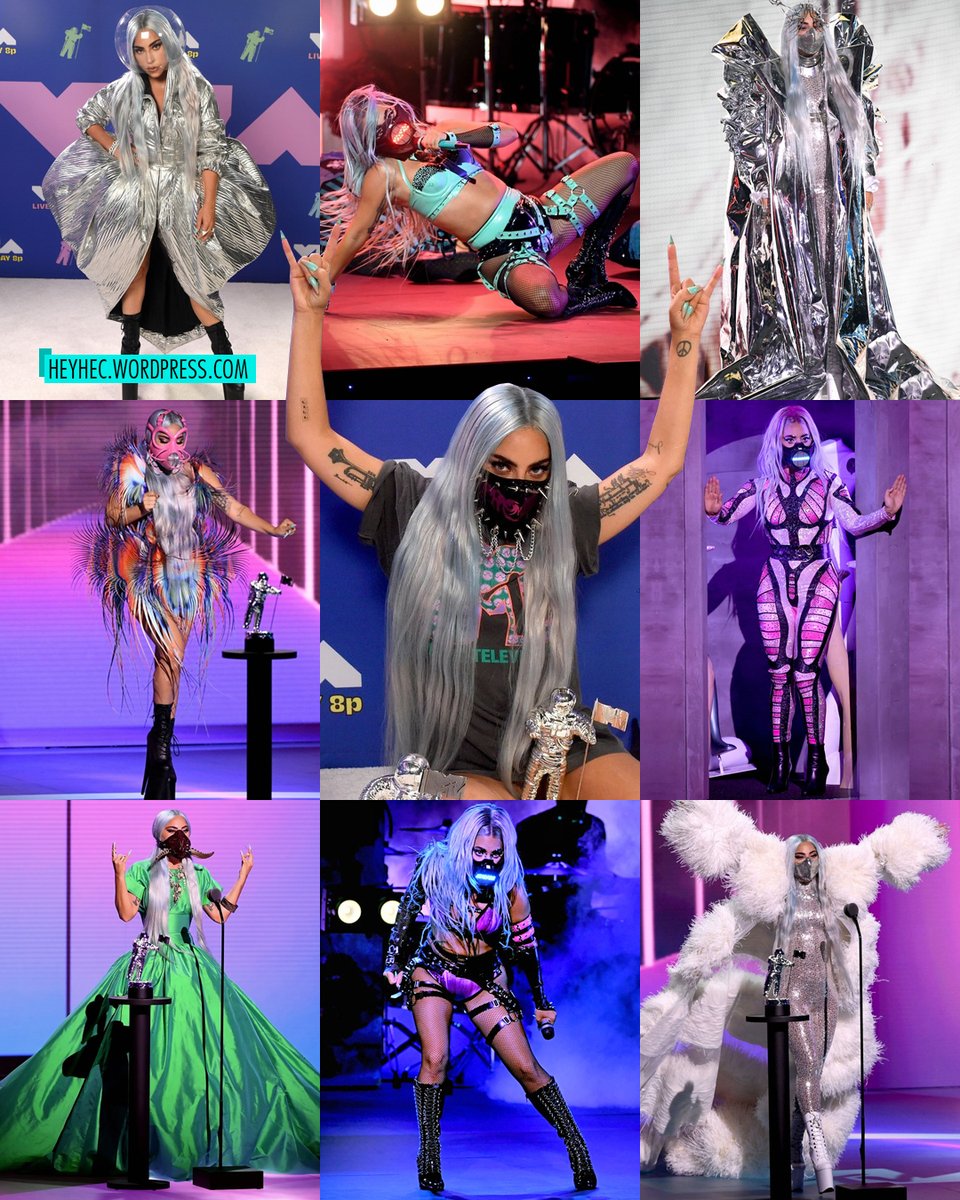 heyhec's tweet photo. Sigo pensando en los nueve looks y seis tapabocas de @LadyGaga en los #VMAs2020
Después de Beyoncé (24) y Madonna (20), Lady Gaga (18) es la artista más premiada por @MTV 👏🏼
#GagaVMAs @gagadaily https://t.co/65YGELjyOG