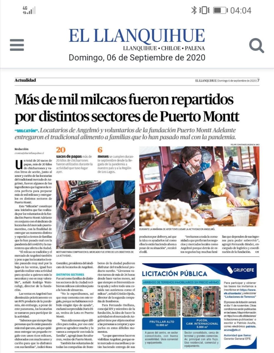 WAINRAIHGT's tweet photo. Hoy @ellanquihue recoge en su portada nuestra #milcaton realizada en conjunto con el #mercado de #Angelmó que fue todo un éxito con el reparto de más de mil #milcaos a familias y bomberos #puertomontinos 🍀🙌🏻👩👩👧👦🚒🚨🏠 https://t.co/h6Q3oP1hDx