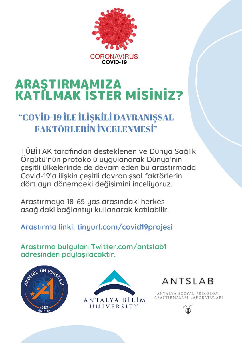 Merhaba, Covid-19 ile ilişkili davranışsal faktörleri incelediğimiz araştırmamızın üçüncü ayağına katılmak için aşağıdaki linki kullanabilirsiniz. Çalışmanın daha çok kişiye ulaşması için RT yapabilirseniz sevinirim. tinyurl.com/covid19projesi