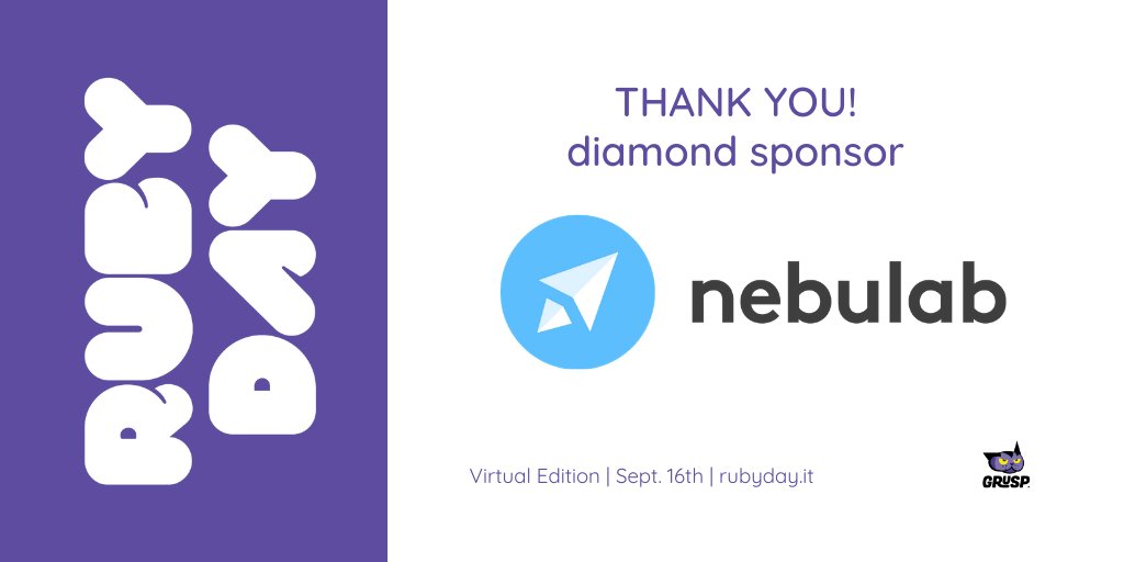 Thank you @nebulab_it , diamond sponsor of #rubyday 2020 🤩

📆 September 16th
🔎 2020.rubyday.it

#ruby #rails #conference #rubyconf #rubyday2020