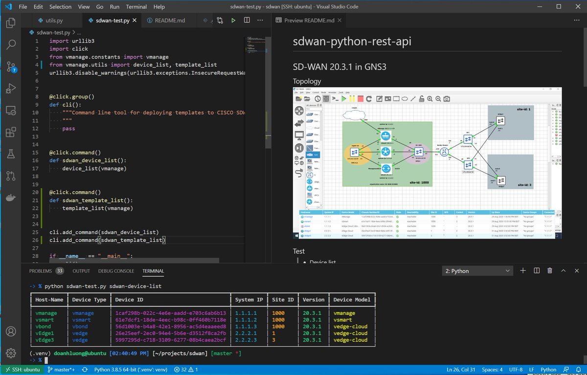 kimdoanh89's tweet photo. Python scripts to interact with SDWAN vManage 20.3.1 REST APIs.
Also using Rich from @willmcgugan for printing out beautiful tables of Device list and Template list.
#SDWAN #GNS3 #rich https://t.co/I6LOKzvJyx