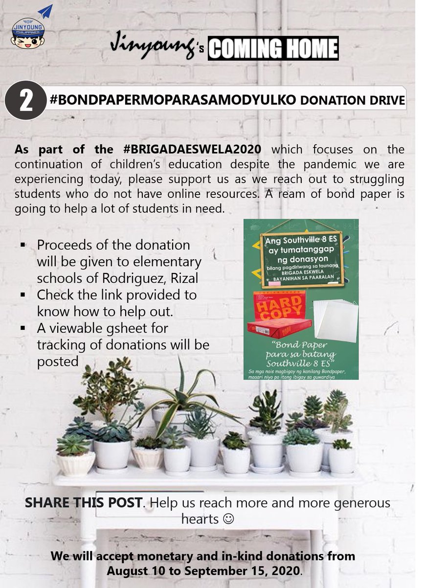 GOT7JinyoungPH's tweet photo. 🗣BIRTHDAY PROJECT #2
 
Help the learners in need thru Jinyoung’s Coming Home’s #BondpaperMoParaSaModyulKo Donation Drive &amp; be a #BrigadaHero! Let there be #NoChildGetsLeftBehind this October💚

Please check more info here: https://t.co/x0jA78CP3l

#GOT7 #갓세븐 #JINYOUNG #진영 https://t.co/bMCZg59sov