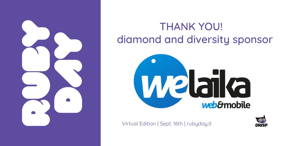 rubydayit's tweet photo. Thank you @weLaika , diamond and diversity sponsor of #rubyday 2020 π€©
π September 16th
π https://t.co/fQvDXJkf3d
#ruby #rails #conference #rubyconf #rubyday2020 https://t.co/ItikiInOwb