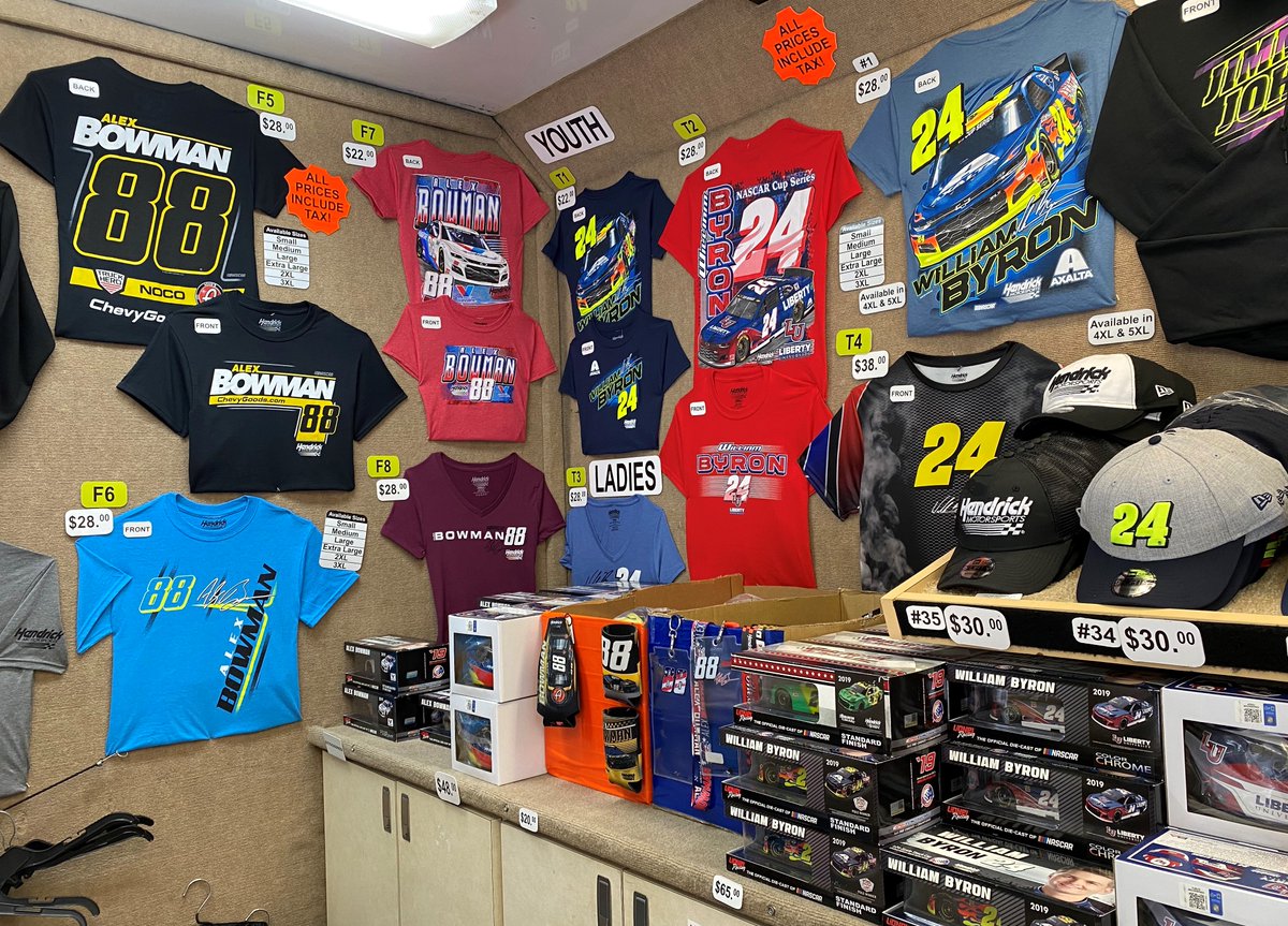 TeamHendrick's tweet photo. The Hendrick Motorsports merchandise trailers @TooToughToTame are now open near Gate 11 in Turn 4!

Be sure to grab your race day swag for all four teammates so you can watch the #NASCARThrowback action in style. 😎 https://t.co/9KJDnF8Q3R