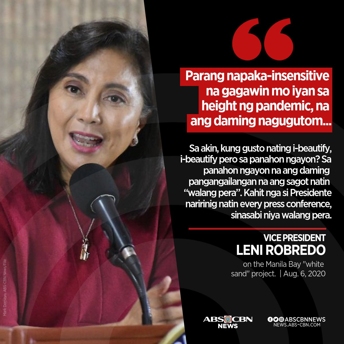 ABSCBNNews's tweet photo. Nanghihinayang si Vice President Leni Robredo sa perang pinanggastos para sa pagtatambak ng artificial white sand sa Manila Bay.

Ani Robredo, sana ay nagamit pa sa mas mahalagang proyekto ang pondo lalo't patuloy na hinaharap ng bansa ang krisis dulot ng pandemya. https://t.co/mnwqwZq0ee