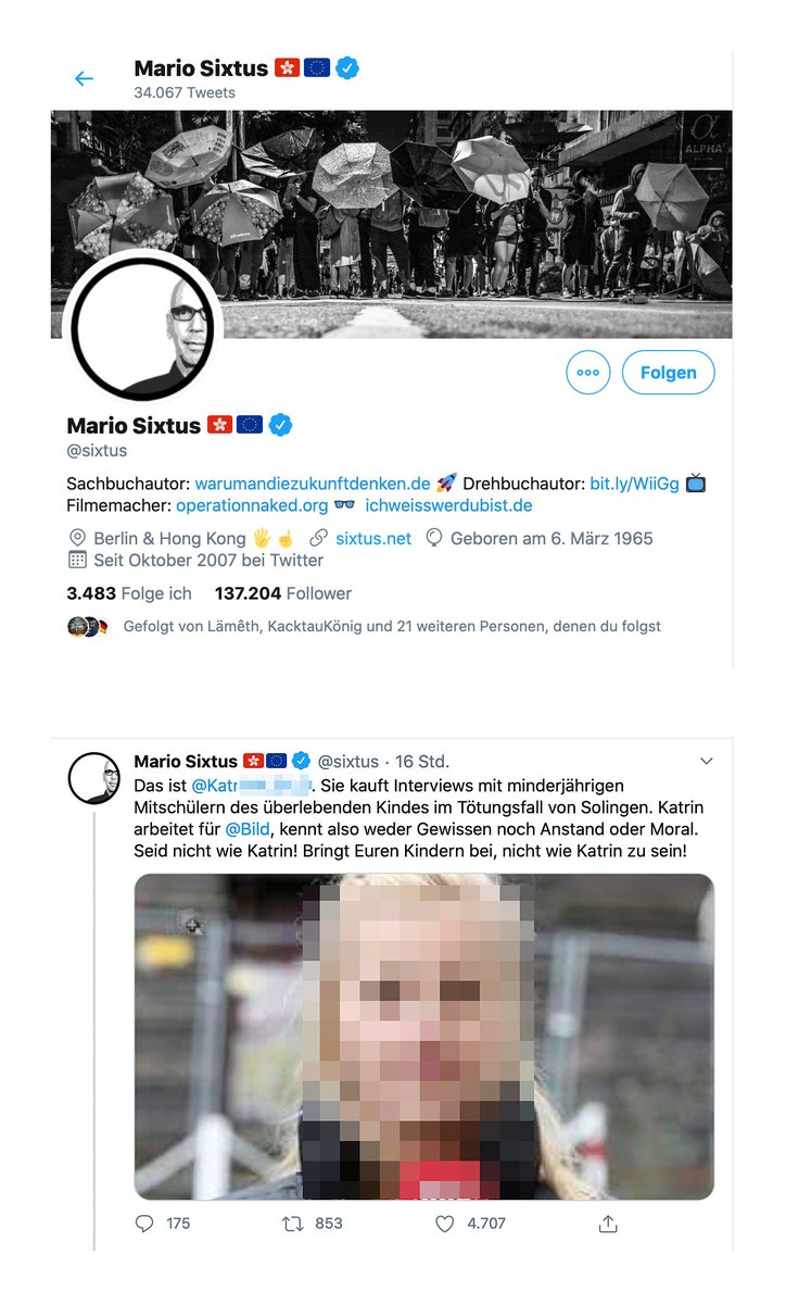 Das ist <a href="/sixtus/">Ikefuna Sixtus</a>: Er behauptet Dinge, die nicht wahr sind. Er blockiert, wenn man anderer Meinung ist. Er stellt Menschen an den Pranger. Ihm ist egal, dass die Menschen bedroht werden, er fördert Cybermobbing, Hetze und Bedrohung gegen eine Kollegin! Sei nicht wie Mario. #katrin