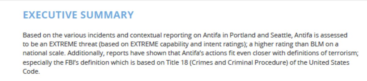 2/3 This “executive summary” is ludicrous. Antifa terror threat EXTREME based on FBI def? Surprise. There are NO LAWS DEFINING DOMESTIC TERRORISM in the USA. Protest do have violence & looting but it’s not terrorism. Some is criminal sure but 99% is protected peaceful assembly.