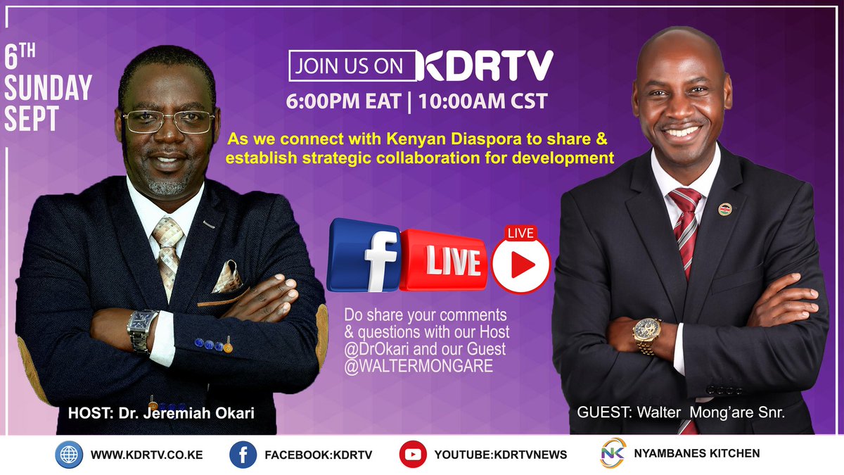 NyambaneKitchen's tweet photo. Join our head chef @WALTERMONGARE for an interesting conversation with @KDRTVKenyaNews.
#NyambanesKitchen family we have to represent 💯 https://t.co/RaWo8gDfq9