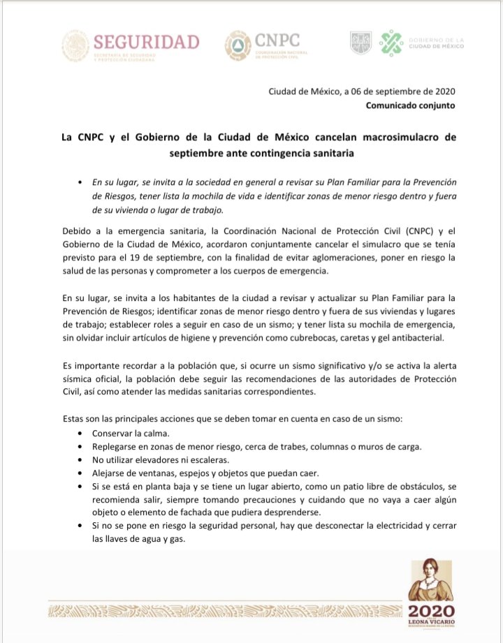 SGIRPC_CDMX's tweet photo. IMPORTANTE Ante contingencia sanitaria, la @CNPC_MX y el @GobCDMX cancelan macrosimulacro de septiembre.

Boletín ⬇️
https://t.co/bOUzYqlYus

En su lugar, puedes actualizar tu Plan Familiar para la Prevención de Riesgos. ⬇️
 https://t.co/OYC8EToCxl

#LaPrevenciónEsNuestraFuerza https://t.co/Ty6WoEhIXn